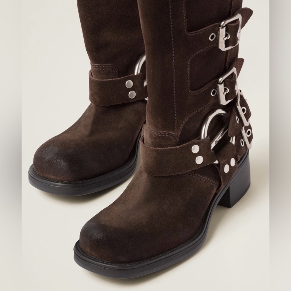 Miu Miu Brown Suede Buckle Knee-High Boots - Picture 8 of 10